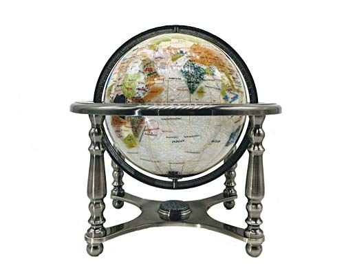 Unique Art 13" Tall 9" Diameter Pearl Powder Ocean Desktop 4-Leg Silver Stand Gemstone Globe #TOP3