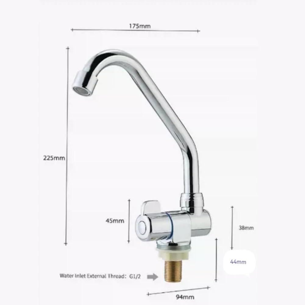 Rubinetto singolo per camper, in rame, girevole a 360°, pieghevole, con filettatura G1/2, per camper, yacht, barche, argento (225 x 175 mm)