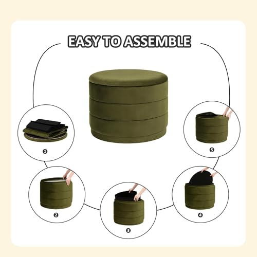 PINPLUS Large Round Velvet Storage Ottoman, Olive Green Upholstered Footstool with Hidden Storage, Sturdy Coffee Table Ottoman for Living Room & Bedroom by PINPLUS - Image 4