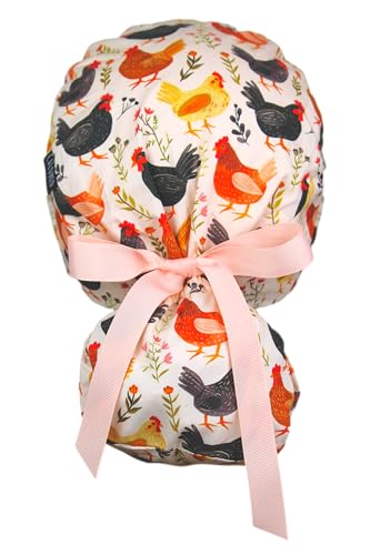 Image of Scrub Cap for Women and Men, Ponytail Scrub Caps, Working Hat, Head Cover with Ribbon Ties and Buttons, Long Hair