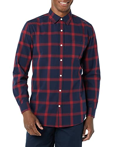 Amazon Essentials Men's Long-Sleeve Slim-Fit Stretch Poplin Shirt, Navy Red Buffalo Plaid, Medium