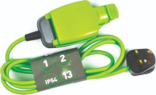 STATUS 1 Socket Extension Lead, 2m, Green, Outdoor Extension Cable, Waterproof, IP54 Rated, 13 Amp Plug, Heavy Duty Socket, Ideal for Garden Power Tools, DIY Use (1W2M13AIP54S6)