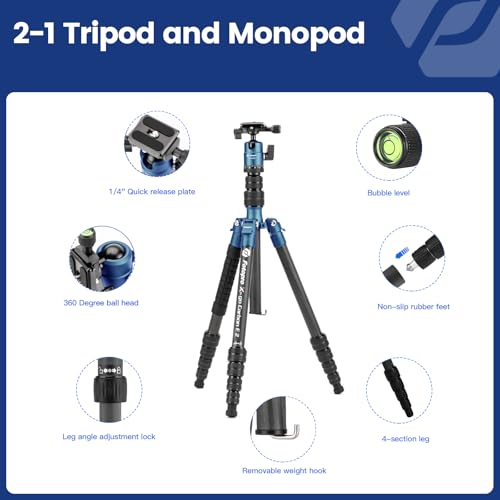 Image of Fotopro Carbon Fiber Camera Tripod, 62 inch Super Lightweight Compact Travel Tripod with 360 Degree Ball Head for DSLR, Detachable Monopod,Arca-Swiss QR Plate, Load up to 8KG /17.63lbs, Weighs only 2lb