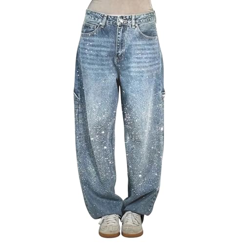 Damen-Jeans mit hoher Taille und Strass, weite Denim-Hose, kurvige...