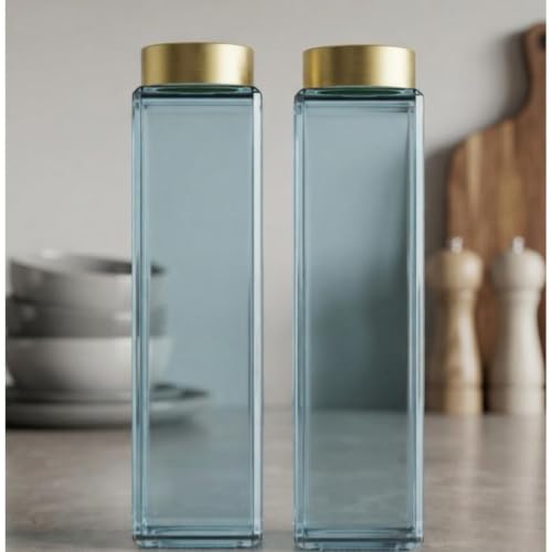 Image of CROCO JAR Wide Mouth Glass Water Bottle with Leak-Proof Airtight Double Layer Stainless Steel Lid for Water, Smoothie, Juices (750ML BLUE GOLDEN PK4)