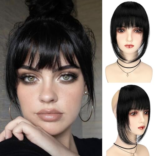 VAVANGA French Bangs Clip on - Jet Black Long Wispy Fringe With Temple