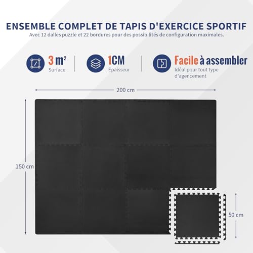 Tapis de Sport de Sol, Extra Large 50x50 cm, 12 Pièces, 3㎡ Tapis de Gym sans BPA, Tapis de Protection Sol en Mousse EVA Antidérapant pour Salle de Gym à Domicile, Équipement de Fitness – Image 3