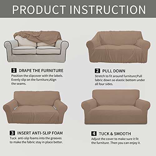 Image of Easy-Going Stretch Oversized Loveseat Slipcover 1-Piece Sofa Cover Furniture Protector Couch Soft with Elastic Bottom for Kids Polyester Spandex Jacquard Fabric Small Checks Camel