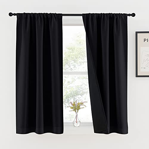 NICETOWN Black 100% Blackout Curtains 45 inches Long for Kitchen, Rod Pocket Basement Completely Blackout Window Treatment Thermal Insulated Lined Dra