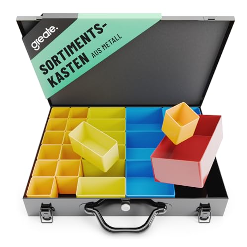 greate Sortimentskasten Metall mit 23 herausnehmbaren Behältern - Kleinteilekoffer leer - Sortimentskoffer Metall als Schraubenkoffer - Schrauben Sortimentbox, Kleinteilemagazin, Werktstatt Organizer