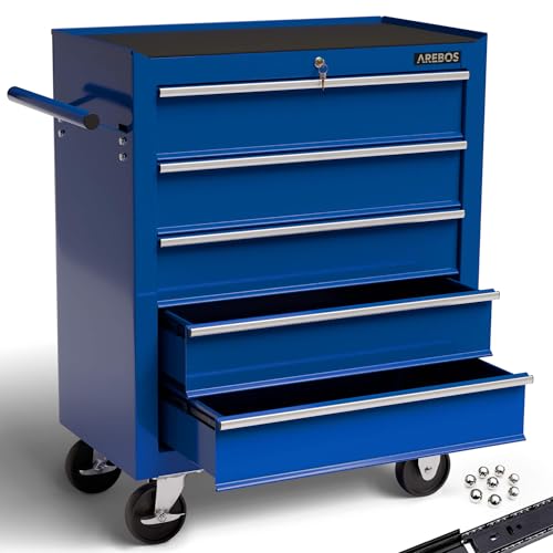 Arebos Werkstattwagen 5 Fächer/zentral abschließbar/Anti-Rutschbeschichtung/Räder mit Feststellbremse/Massives Metall/rot, blau oder schwarz (blau)