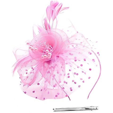 Malaxlx Pink Fascinators Hat for Women Tea Party Headwear Derby Wedding Cocktail Hair Clip Flower Mesh Feathers Headband Cover