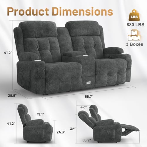 Image of Loveseat Recliner Sofa, Home Theater Seating with Massage, Reclining Loveseats with Console, Wall Hugger RV Couch Movie Theater Chairs, RV Furniture Sofas with USB, Cup Holders, Drawer for Gaming Room