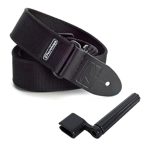 Sangle de guitare Dunlop D38-09BK extra longue noire avec manivelle de cordes Keepdrum