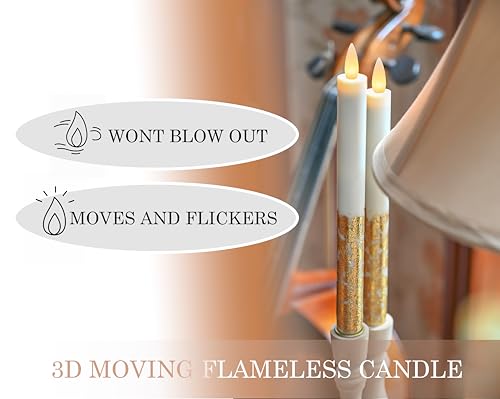 Image of Flameless Taper Candles Flickering with Remote and Timer, 3D Moving Flame Taper Candle Battery Operated to 400 Hours, 9 Inch Window Candles, (Gold Leaf)