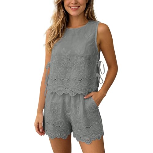 Short d'été pour femme ensemble polyvalent haut brodé gris L