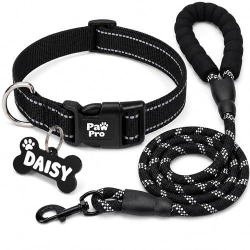 Image of PawPro Handmade Reflective Dog Collar Leash Set with Custom Bone Name Tag, Adjustable Soft Nylon Pet Collar for Medium Dogs, Personalized Reflective Dog Walking Set, 13-21 Inch (Black-Medium)