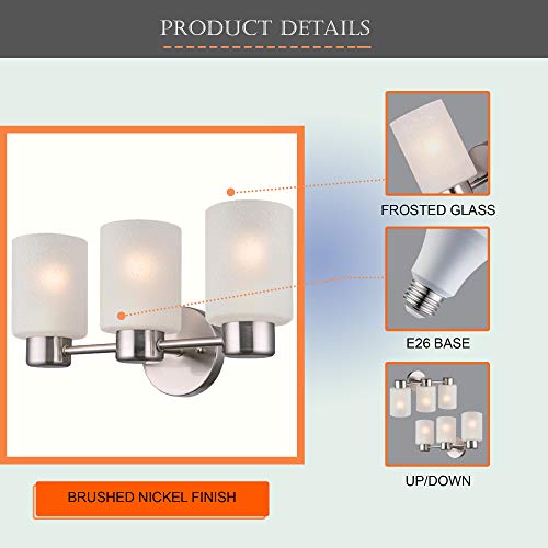 Image of Bathroom Vanity Light fixtures, Wall Fixture, Vanity Sconce, Wall Sconce Light, Three Light Bathroom Vanity Light fixtures with Brushed Nickel Finish and Frosted Seeded Glass(3 Light, Brushed Nickel)
