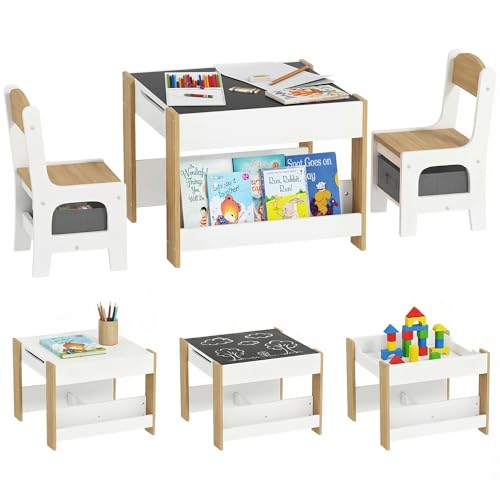 HOMCOM Juego de Mesa y 2 Sillas Infantiles Mesa con Sillas para Niños 3 en 1 con Pizarra Cajones de Tela y Espacio de Almacenamiento para Guardería Sala de Juegos Blanco y Natural