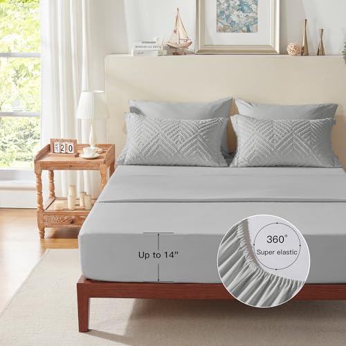Image of Zzlpp King Comforter Set 7 Pieces, Light Grey Tufted Bed in a Bag with Comforter and Sheets, All Season Boho Bedding Sets with Comforter, 2 Pillow Shams, 2 Pillowcases, 1 Flat Sheet, 1 Fitted Sheet