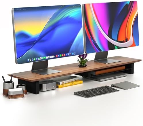 Solid Wood Dual Monitor Stand Riser – 43″ Walnut Desk Shelf for 2 Monitors with Tray & Wool Felt, Organizer for Desktop, Laptop and Office (Solid Walnut) Solid Wood Dual Monitor Stand Riser – 43″ Walnut Desk Shelf for 2 Monitors with Tray & Wool Felt, Organizer for Desktop, Laptop and Office (Solid Walnut)