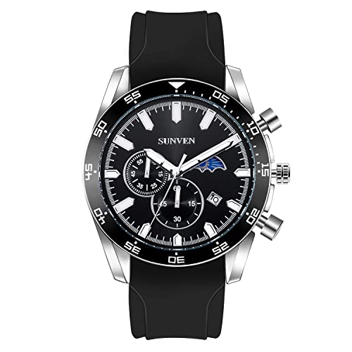 SUNVEN Silicone Sports Mens Watches Moon Phase Waterproof Quartz Wrist Watches for Men Black