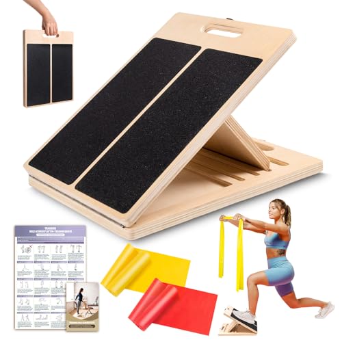 Wadendehner Schrägbrett aus Holz, 5 Winkeln Slant Stretch Board mit Trainingsposter und 2 Widerstandsbändern, Verstellbar Wadenstrecker mit Tragegriff, Mobility Balance Board, Schräges Brett