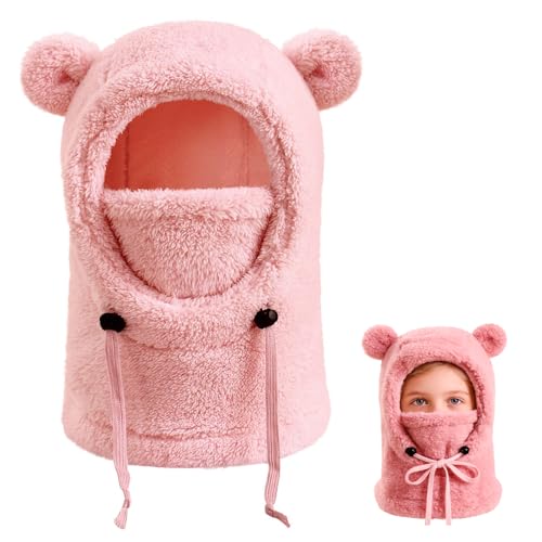Youevmai - Youevmai Kids Winter Fleece Hats Balaclava，Warm Ski Face Mask Windproof Adjustable Full Cover Neck Warmer，Hood Neck Scarf（Pink）