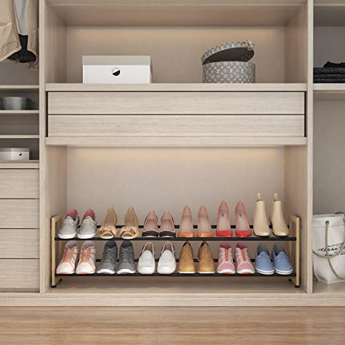 Fkuo 2 Tier Shoe Rack For Closet Metal Free Standing Narrow Large Shoe Racks, Expandable Shoe Storage Organizer Shelf For Entryway, Hallway, Dorm Room (Wood Grain, 2 Tier Long) #TOP3