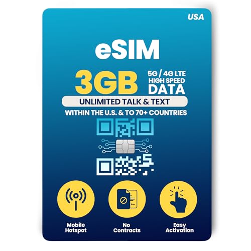 H2O Wireless 30-Day USA eSIM, Prepaid eSIM Card with 3GB High-Speed 4G LTE/5G Data & 2GB Mobile Hotspot, Unlimited Data, Talk & Text to 70+ Countries, US Mobile SIM Card for Cell Phones