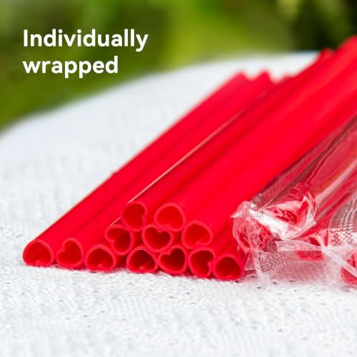 Image of 100pcs Red Heart Straws Bulk 8mm - Individually Wrapped Straws