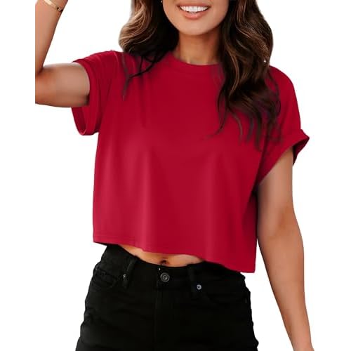 Crop Tops for Women Summer Short Sleeve Loose Fit T Shirts Casual Round Neck Rolled Basic Tees Small Red