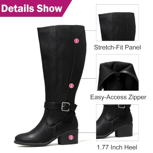 Image of Luoika Women's Extra Wide Calf Heeled Knee High Boots. | Wide Width, Winter Boots, Block Heel, Adjustable Buckle, Round toe