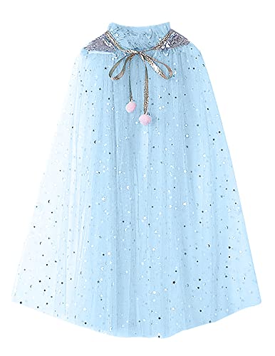 FKKFYY Little Girl Cape Dress Up for Kids Cloak Lace-Up Matching Princess Birthday Party Cosplay Halloween Star and Moon Sequins Sparkly Mesh Cape Cloaks Costumes Girls Size 2t 3t 4t (Light Blue S)