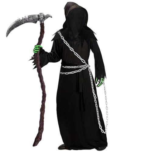 Disfraz de Halloween para hombre – 6 disfraz de parca espeluznante para adultos con máscara y guadaña (123 cm) y cadena de metal, disfraz de fantasmas de terror, disfraz para hombre, dementor, Grim Disfraz de Halloween para hombre – 6 disfraz de parca espeluznante para adultos con máscara y guadaña (123 cm) y cadena de metal, disfraz de fantasmas de terror, disfraz para hombre, dementor, Grim