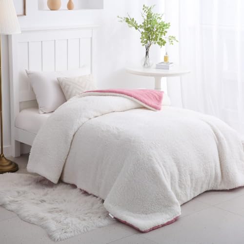 Coberdrom Edredom Londres Solteiro 170x240 Linda Casa Pele Carneiro Sherpa/Manta Soft (Rosê Claro)