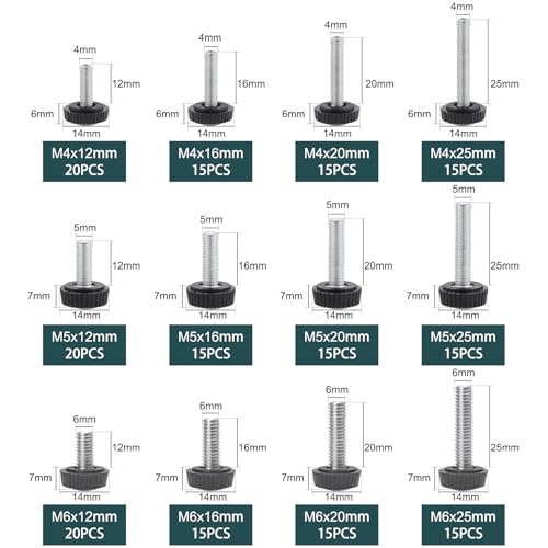 Moendergo 12 Größen 195 Stück Rändelschraube Set, M6 M5 M4 Rändelschrauben mit Griff, Carbon Gewinde Rundkopf Rändelschraube für Arten von Ständer und Maschinen