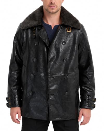 Image of Mifidy Mens Leon PU Leather Double Breasted Cosplay Trench Jacket Black L