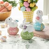 glitzhome Easter Bunny Table Statue Decoration Set of 3 Cute Resin Bunny Figurines Be Happy Easter Wishes Spring Bunny Rabbits with Colored Eggs Easter Party Table Ornaments
