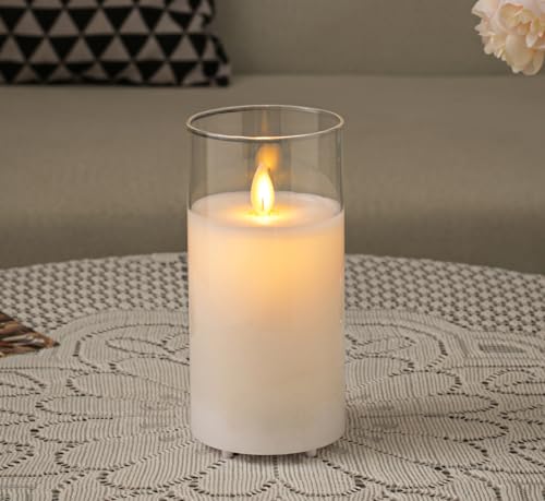 Image of LTETTES Real Wax LED Glass Pillar Flameless Rechargeable Candles | White Glass | USB Type-C Wireless Charging Cable | Remote Control Included | Home Decor & Gifting | Set of 1 (7.5 x 15.8 cm)