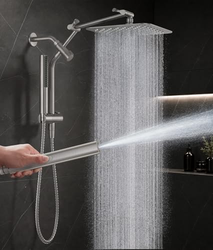 Image of Veken All Metal 10 inch Brushed Nickel Shower Head with Handheld, Luxurious Square Double Rain Shower Heads with Power-wash Hand Held, Dual High Pressure Detachable Rainfall Showerhead,Bathroom Upgrade
