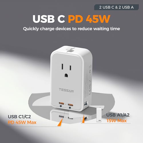 Image of TESSAN Universal Travel Adapter PD 45W, Ultra Thin International Power Adapter Fast Charger, Worldwide Plug Adaptor with 2 USB C 2 USB A to European UK Italy Spain New Zealand (Type C G A I), 1 Pack