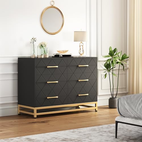 GAOMON Dresser for Bedroom with 6 Drawer, TV Stand Dressers Chest of Drawers for Hallway Entryway, Black, 6 Drawer Black