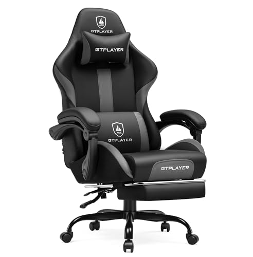 Image of GTPLAYER Gaming Chair with Pocket Spring Cushion, Leather Office Chair with Ergonomic High Back & Lumbar Support for Back Pain Relief, Computer Game Chair for Adults, Gray