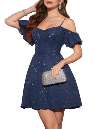Meetjen Sommerkleid Teenager Abschlussballkleid Kurz Damen A-Linie Cocktailkleid Abendkleid Glitzer Elegantes Festliches Kleider Marine S