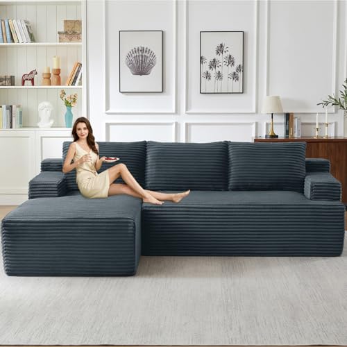 Image of 96.1 inch Modular Sectional Sofa Couches L-Shape Couch 3 Seat Modular Sofa Corduroy Memory Foam Sectional Boneless Couches for Living Room, Cloud Couch with Oversized Chaise(Dark Gray, Left Facing)