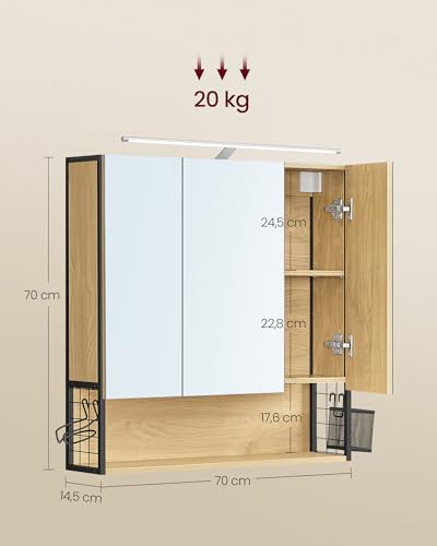 VASAGLE Armario de Baño con Iluminación LED, 14,5 x 70 x 70 cm, Espejo 3 Puertas, Mueble de Pared con Espejo, Enchufe, Cesta, Soporte para Secador, Roble Natural BBK124Y01 - imagen 3