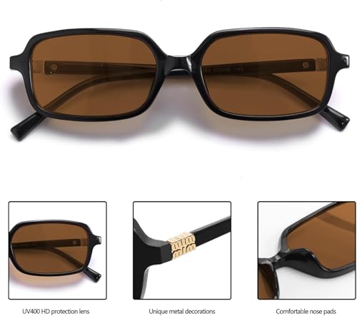 نظارات شمسية ريترو للنساء والرجال، نظارات شمسية بتصميم مستوحى من التسعينيات من ازوني بتصميم صغير مستطيل لطيف وانيق، عبوة من قطعتين (اسود + بني)