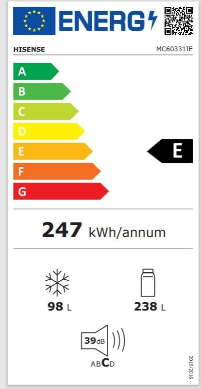 Energy label for Hisense MC60331IE refrigerator, showing Class E and 247 kWh/annum