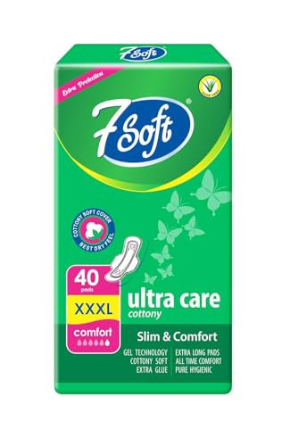 7 Soft Ultra Care XXL Cottony Comfort Sanitary Pads with Wings - 40 Count Pack, Extra Protection for Heavy Flow, Breathable and Soft Material, Ideal for All-Day Comfort, Green Packaging